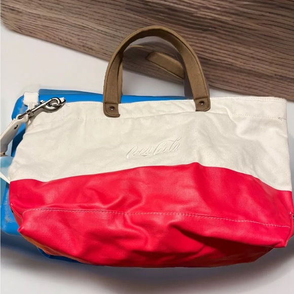 vintage mini Coca-Cola tote bag red white Coke Rare Unused Leather Bottom - Picture 1 of 6